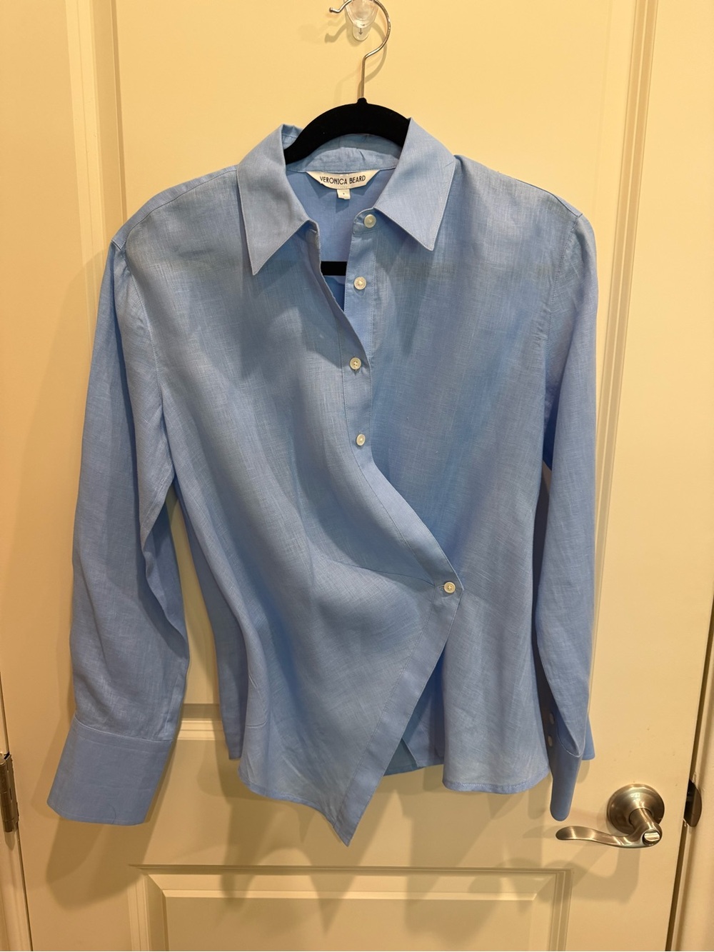 Veronica Beard Sky Blue Asymmetric Wrap Dress Shirt